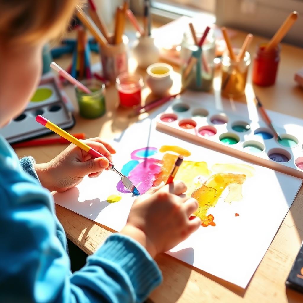 Child painting with bright watercolors