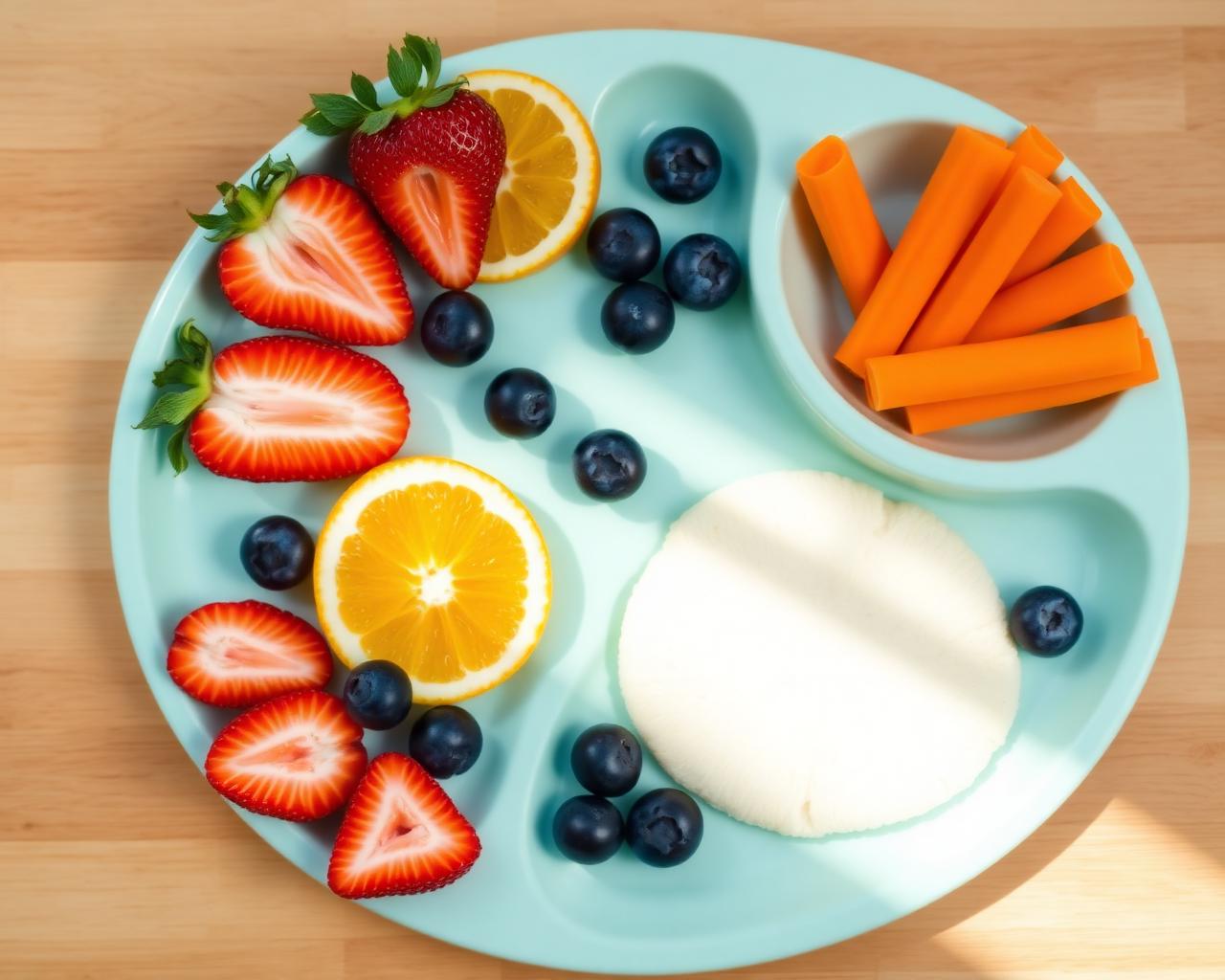 Plate of fresh fruit and vegetables for kids